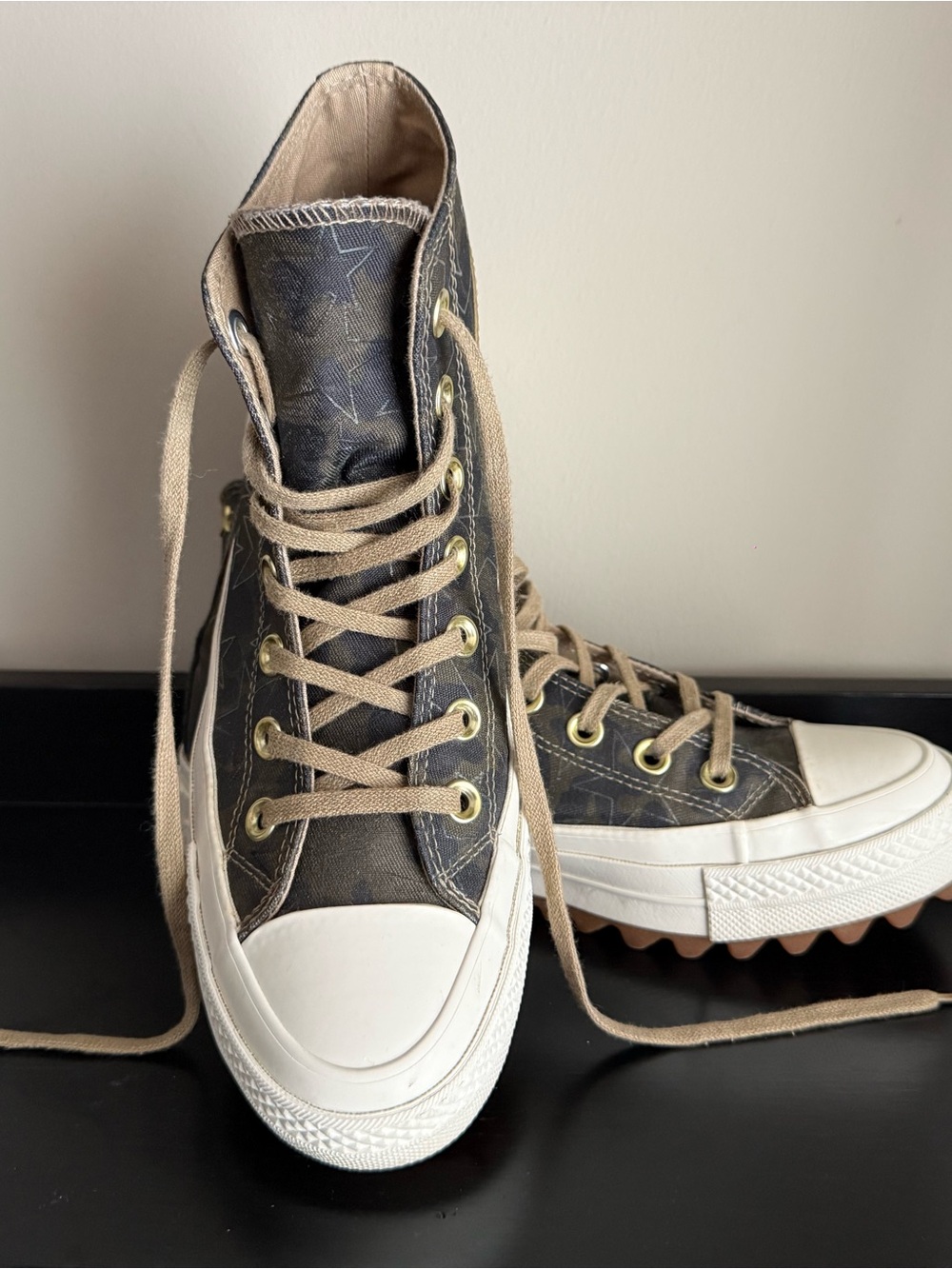 Converse Chuck Taylor Lugged Hi Camo Gold Stars Brass Heel Wmns 7 Rare